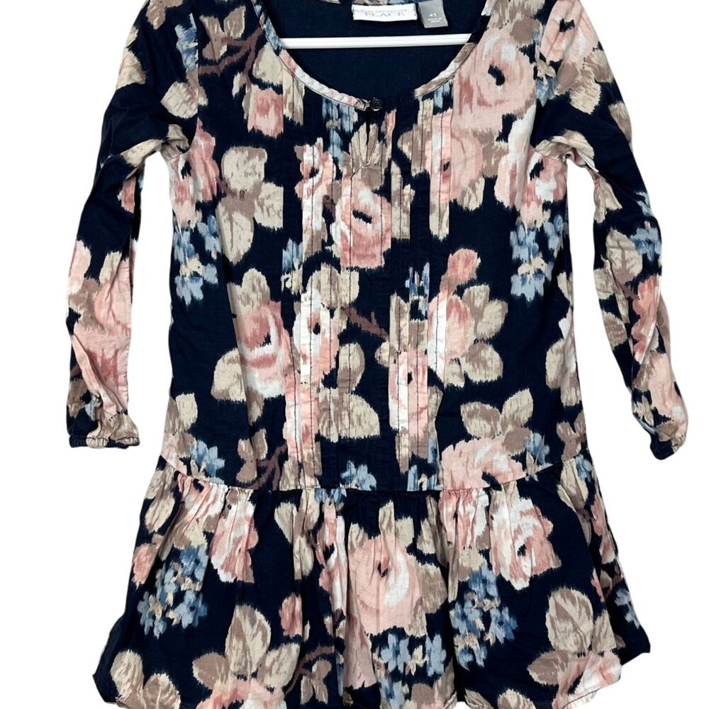 Childrens Place Girls Dress 4T Navy Floral Long Sleeve Ruffle Hem Casual